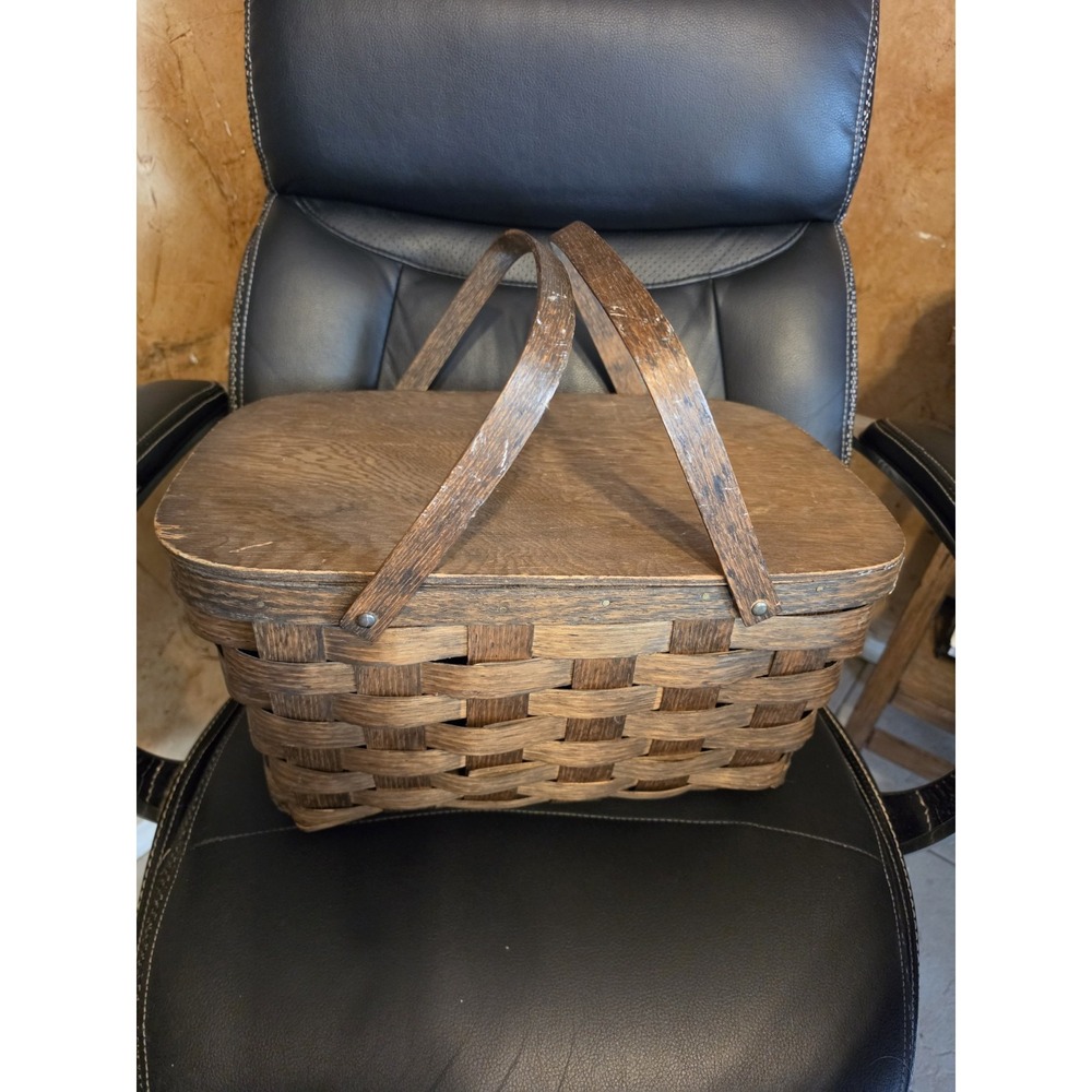 Vintage Woven Wood Picnic Basket Rustic 18x12x9